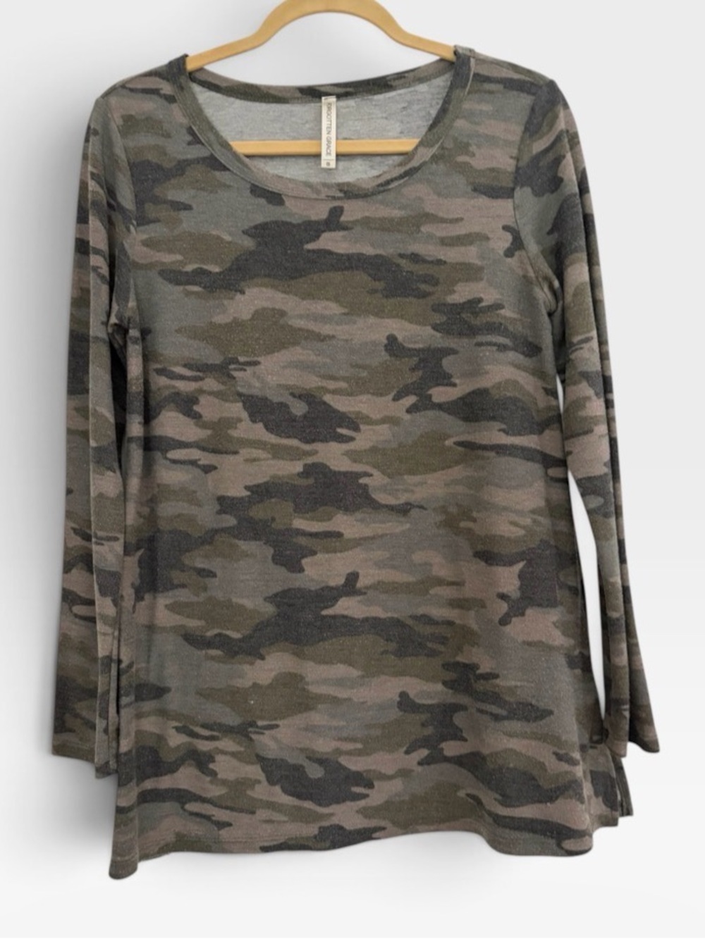 Forgotten Grace Women's Camo Long Sleeve Scoop Neck Top